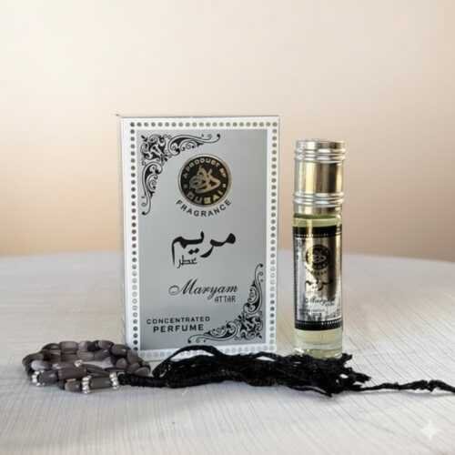 "Maryam Attar 6ml bottle with Free Tasbeeh on a premium white and gold spiritual background"