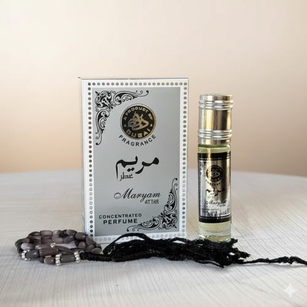 "Maryam Attar 6ml bottle with Free Tasbeeh on a premium white and gold spiritual background"
